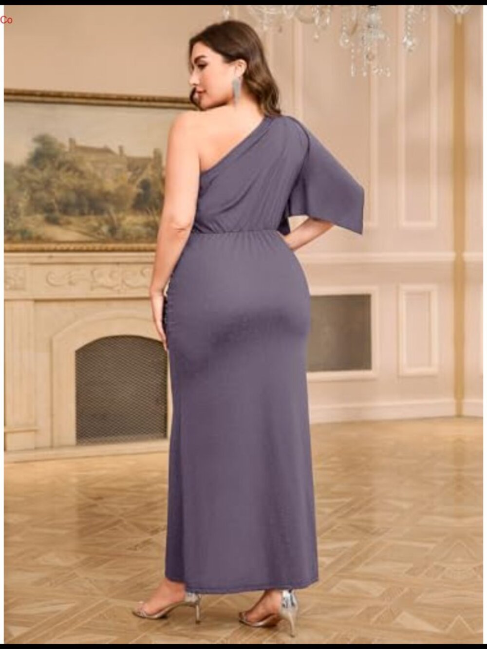 Plus Size One Shoulder Sparkly Maxi Dress Ruched Bodycon High Slit Evening Gown - Picture 5 of 6